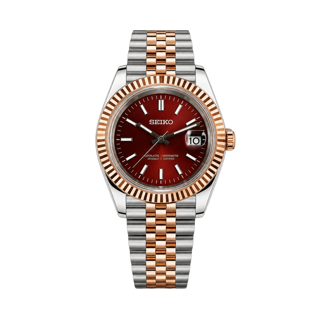 Seiko Mod Datejust – Red Sunburst Dial (Two-Tone Rose Gold)
