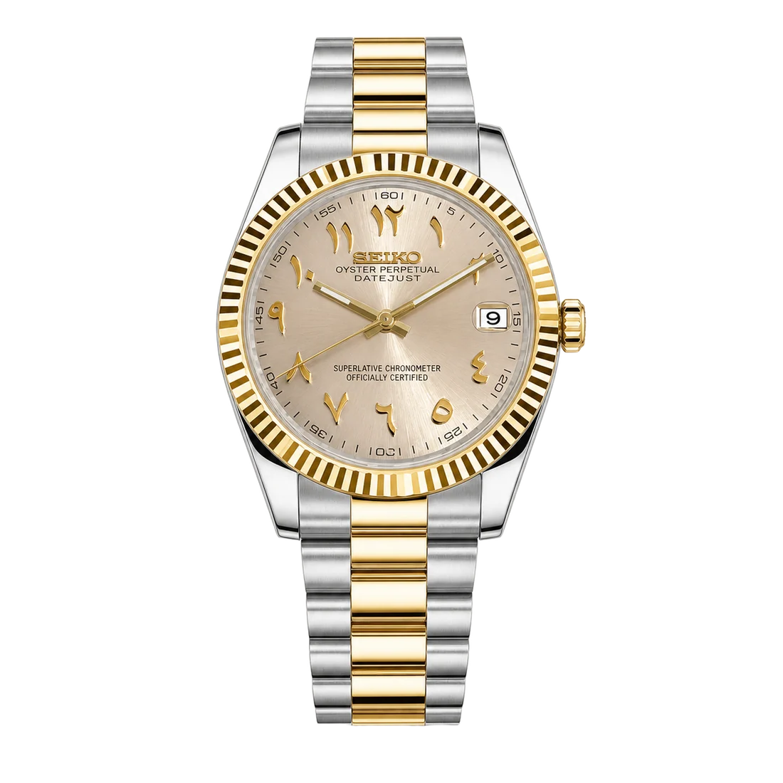 Seiko Mod Datejust – Gold Arabic Pearl Dial (Two-Tone)