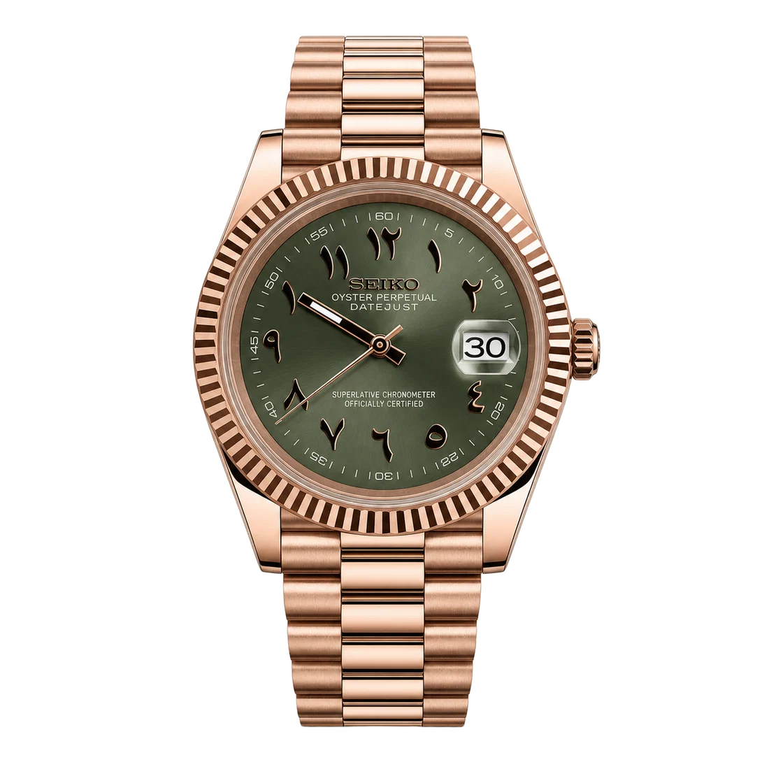 Seiko Mod Datejust – Rose Gold Arabic Olive Green Dial